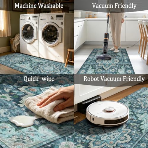 3-Piece Vintage Persian Rug Set - Washable Teal and Blue Area Rugs, Non-Slip ...