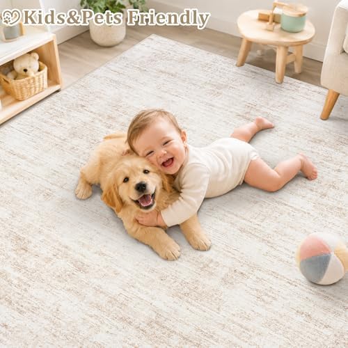 8x10 Area Rugs for Living Room Washable Rug Neutral Abstract Beige Carpet