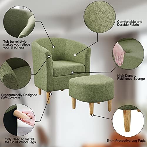 DAZONE Mid Century Modern Accent Chair with Ottoman Barrel Armchair Green