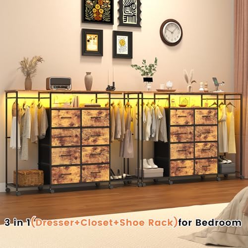 59.1" W Dresser for Bedroom with Hanging Rack, 8 Drawer Dresser with LED...
