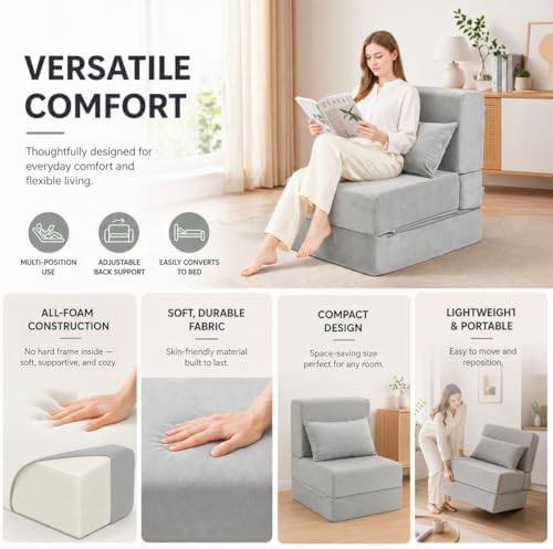 Folding Sofa Bed, Convertible Sleeper Chair, No Assembly (Gray)