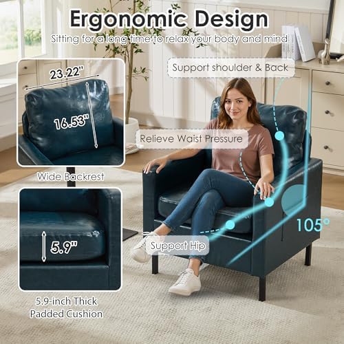 STHOUYN Blue Faux Leather Accent Chairs, Living Room Chairs Metal Legs