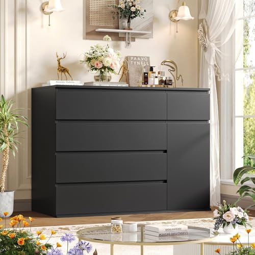 FOTOSOK Black Dresser, Dresser for Bedroom, Wide Chest of Drawers
