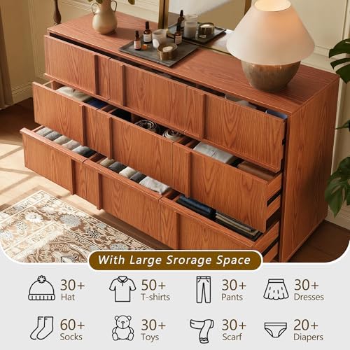 55" Wide 9 Drawer Dresser and Nightstand Set 3 Piece, Cherry