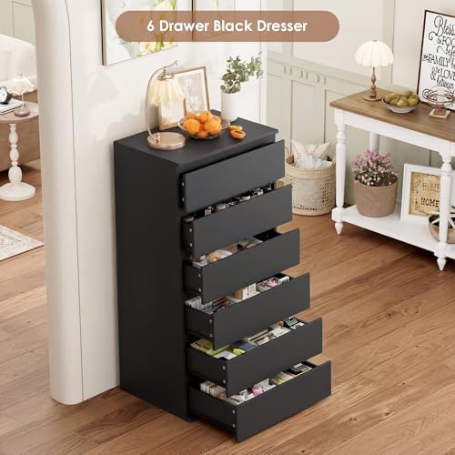 FOTOSOK Black Dresser, 6 Drawer Dresser with Handleless Drawer Cabinet