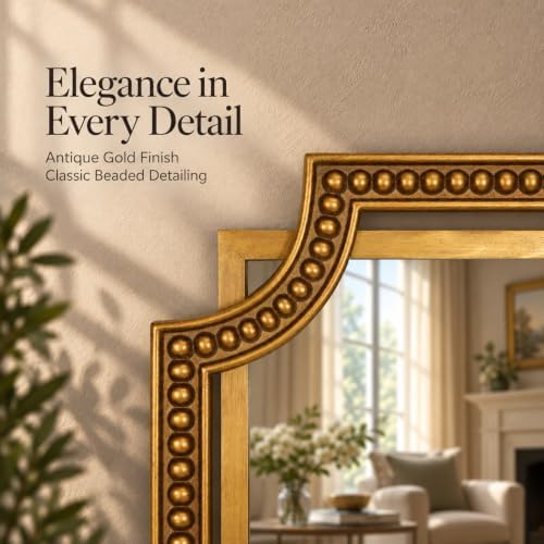Gold Rectangle Wall Mirror, 40x30 Inch Scalloped Beaded Frame for Bathroom