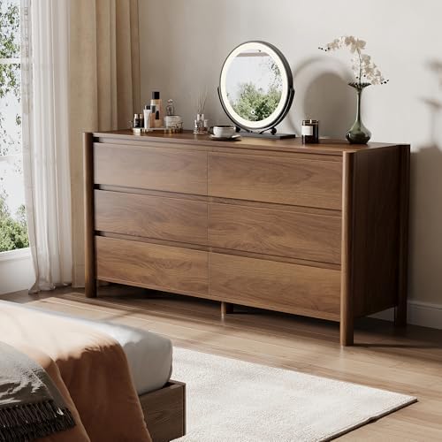 HOUROM Walnut Dresser for Bedroom,47"Wide 6 Drawer Mid Century Modern Chest