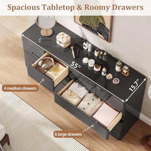 10 Drawer Dresser for Bedroom, 55" Long High Gloss Dresser, Black
