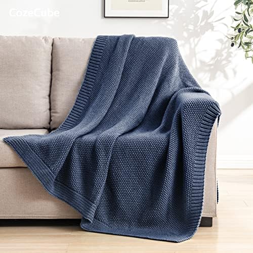 CozeCube Dusty Blue Seed Stitch Throw Blanket 50"x60", Farmhouse Decor