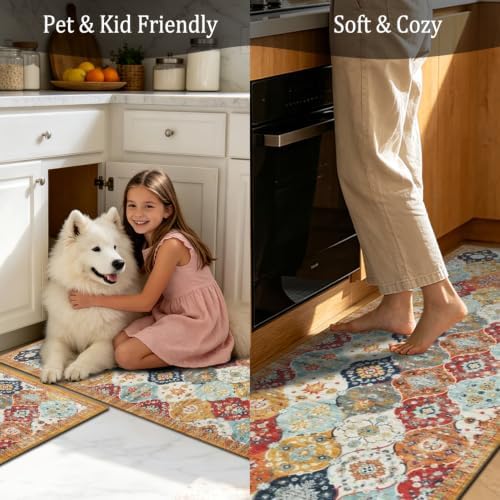 3-Piece Colorful Boho Rug Set - Washable Moroccan Ogee Area Rugs, Non-Slip Lo...
