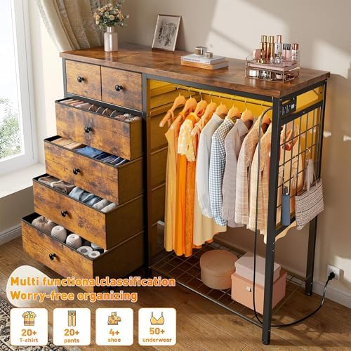 EnHomee 49.2" W Dresser with Hanging Rack & 6 Drawers, Grid Panel &a...