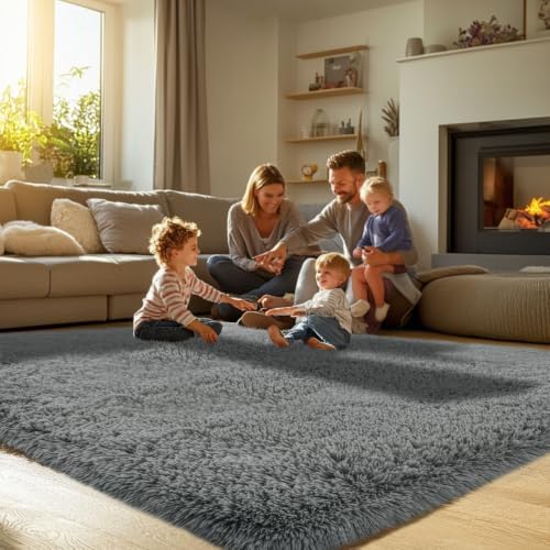 Topmaxcs Fluffy 8x10 Area Rug for Living Room – Grey Shag Plush Rugs
