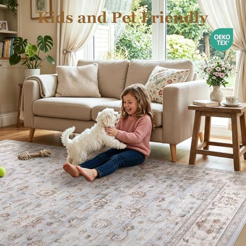 WITSHOCK Washable Area Rug 10x14 Non-Slip Floral Carpet, Gray/Light Blue