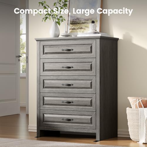 Amada Farmhouse 5 Drawer Dresser, Wood Dresser with Natural Texture, Gray