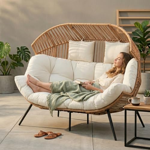 Shintenchi Double Egg Chair Outdoor Rattan Patio Chair with Cushion, Oversize...