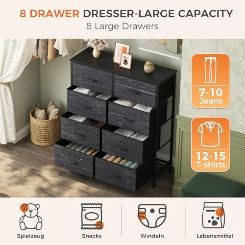 Sweetcrispy 8 Drawer Fabric Dresser for Bedroom, Tall Dresser, Black Wood