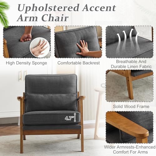 VINGLI Solid Wood Wide Armrests Accent Chair,Upholstered Mid Century Modern C...