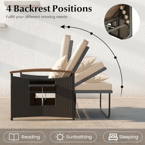 LDAILY Moccha Outdoor Wicker Daybed, Patio Rattan Loveseat Sofa w/ 4-Level Ad...