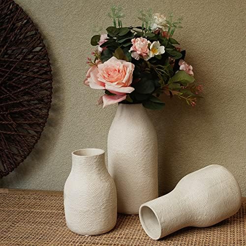 Ceramic Vases for Home Decor - Matte White Textured Vase Set of 3, Decorative...
