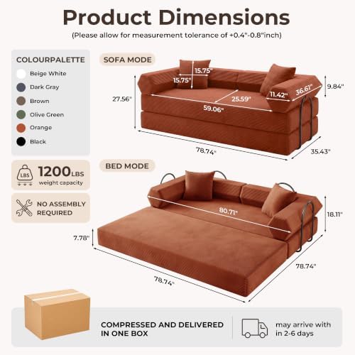 79"Convertible Futon Sofa Bed, Boneless Couch for Living Room | Clay Orange