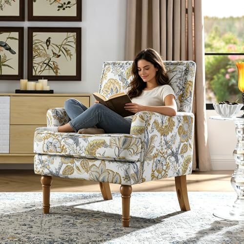 Floral Accent Chair with High Back & Nailhead Trim, Comfy Upholstered Arm...