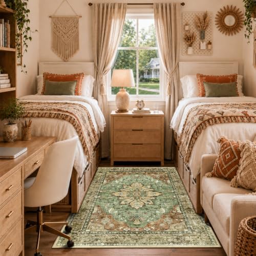 RELEANY Washable Area Rug, 3'x5', Brick/Brown/Green