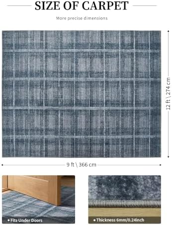 YIHOUSE 9x12 Blue Grey Distressed Plaid Area Rug for Living Room