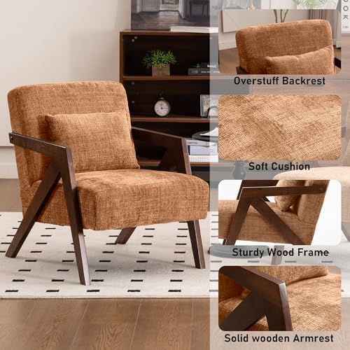 Mid-Century Modern Accent Chair with Solid Wood Frame,Upholstered Chenille Li...