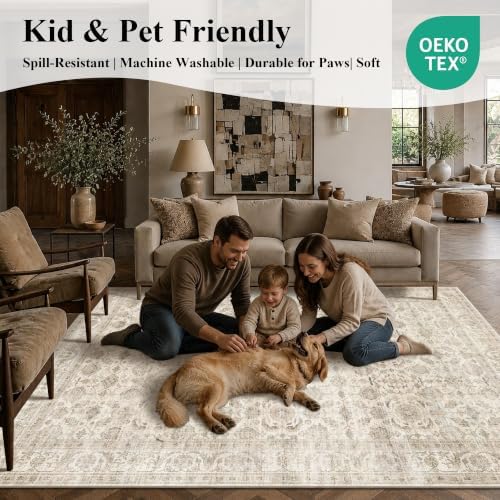 JOOJA 8x10 Beige Vintage Soft Low Pile Boho Neutral Washable Area Rug
