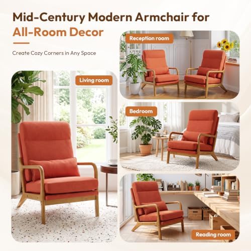Bonnlo High Back Linen Burnt Orange Mid Century Modern Accent Chair, Soild Wo...