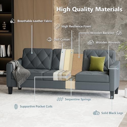 3-Piece Dark Grey Fabric Sofa Set, 2 Accent Chairs & 3 Seater Couch, Tufted