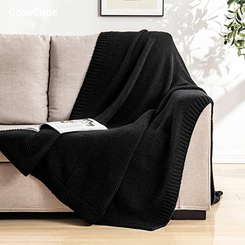 CozeCube Jet Black Seed Stitch Throw Blanket 50"x60", Farmhouse Decor
