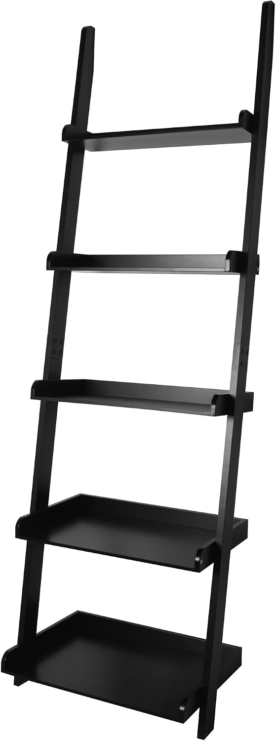 Modern 5 Tier Leaning Wall Ladder Bookshelf, Black, 70 Inches | Storage Rack,...
