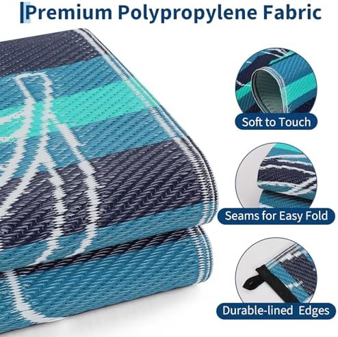 Garvee 5x8 Outdoor Waterproof Rug Reversible Straw Patio Rug Black&Blue