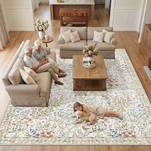 Vintage Botanical Floral Rug 8x10: Cottage Area Rug - Machine Washable Non Sl...