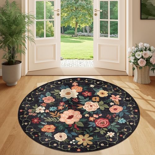 DUKINO 4ft Round Rug, Floral Washable Small Round Area Rug Non Slip, Black