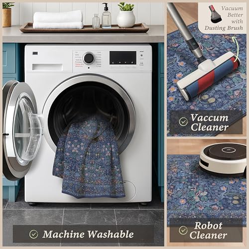JTJ Kitchen Rugs Set of 3, Blue Vintage Kitchen Mats, Washable Runner