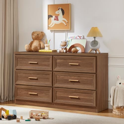 RWYHG 55.1" Wide Farmhouse 6 Drawers Dresser for Bedroom, Light Walnut