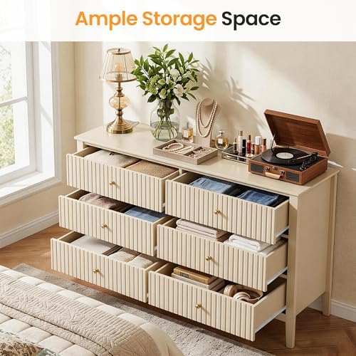 RoyalCraft Beige 6 Drawer Dresser, Fluted Modern Wood Chest of Drawers, Long ...