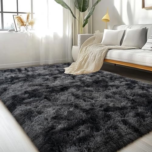 Large Area Rugs for Living Room Bedroom 8x10 Black Grey Shag Rugs