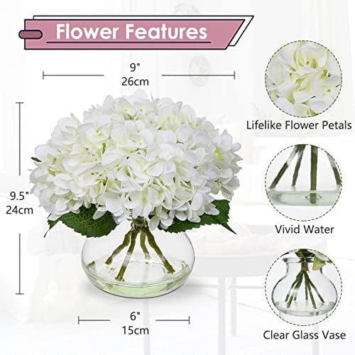 Hollyone Hydrangea Artificial Flowers with Vase White Silk Fake Flowers Arran...