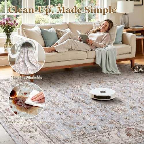 WITSHOCK Washable Area Rug 10x14 Non-Slip Floral Carpet, Gray/Light Blue
