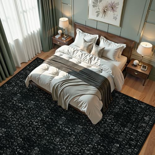 Hedlive Vintage Black Rug for Living Room 9x12, Ultra-Thin Washable Large Are...