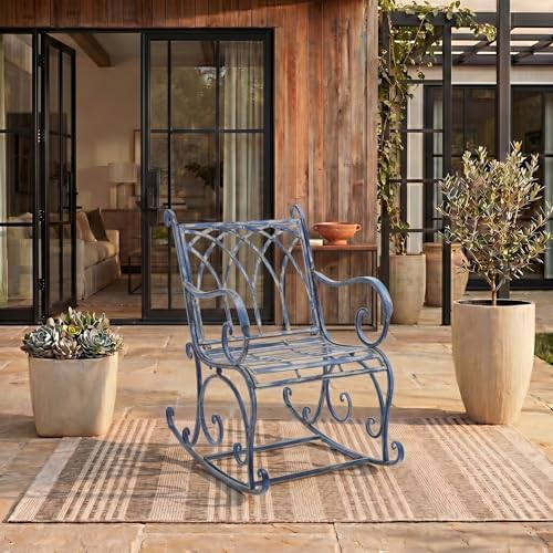 SAFAVIEH Outdoor - Medrano Iron Rocking Chair - Mossy Blue Iron Metal - Vinta...