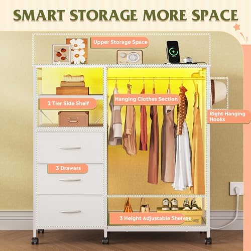WLIVE LED Dresser for Bedroom, 3 Drawers with Hanging Rack, White