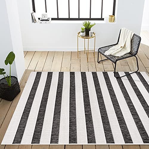 JONATHAN Y Wide Stripe Indoor Outdoor Area Rug 8X10 Black/Cream, Aveiro for B...