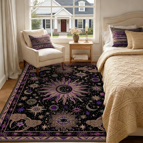 Vacuum-Friendly, 5x7 Washable Area Rug, Black Purple Beige