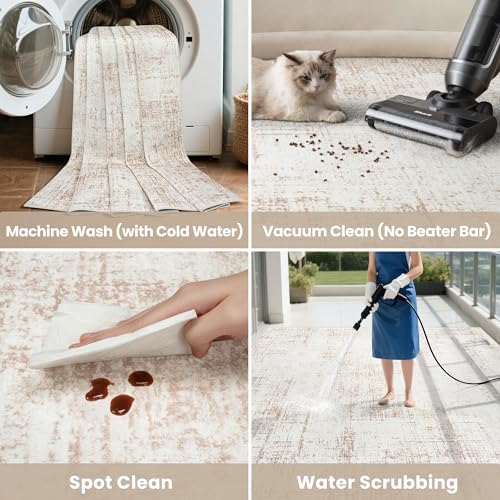 9x12 Washable Area Rug for Living Room Bedroom: Non-Slip Modern Beige White