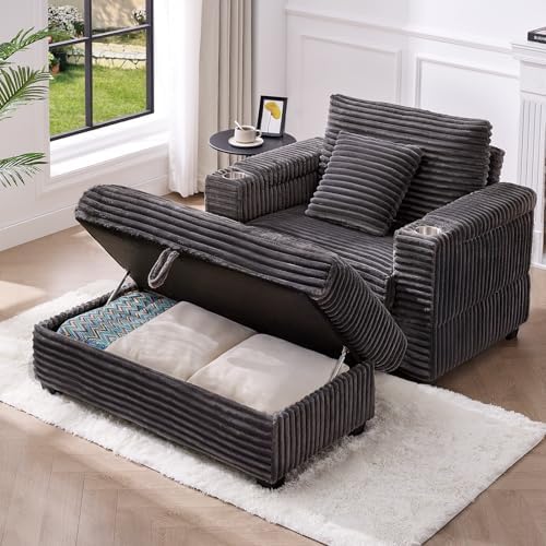 ONBRILL Corduroy Oversized Chair with Ottoman, W44 Armchair, Cup Holder