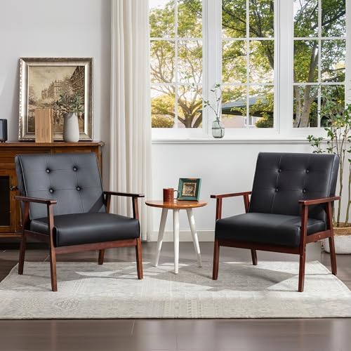 STHOUYN Black Leather Accent Chair, Waiting Chair with Wooden Arms